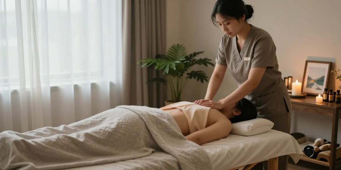 출장마사지 therapy session in a serene home environment with candles and natural light.
