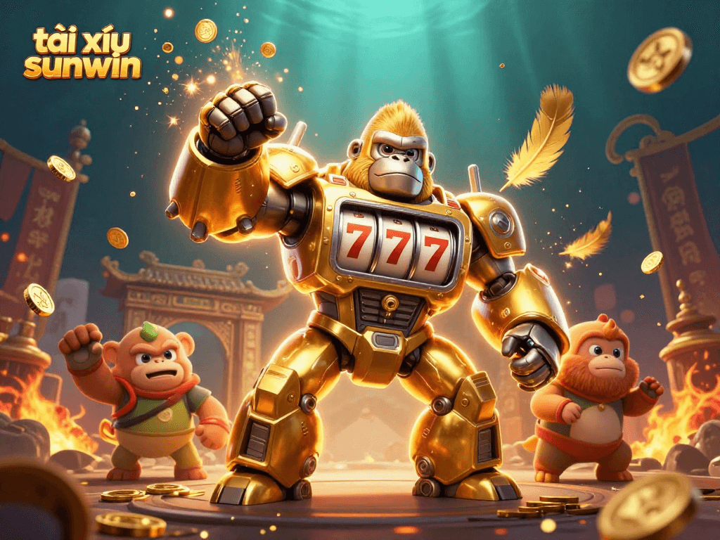 Engage in tài xỉu sunwin with dynamic action from a golden gorilla mech surrounded by chaos and excitement.
