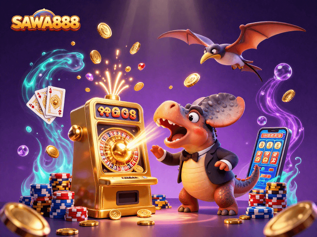 Engage in thrilling gameplay at SAWA888 with a cartoon pachycephalosaurus triggering jackpot coins from a slot machine.