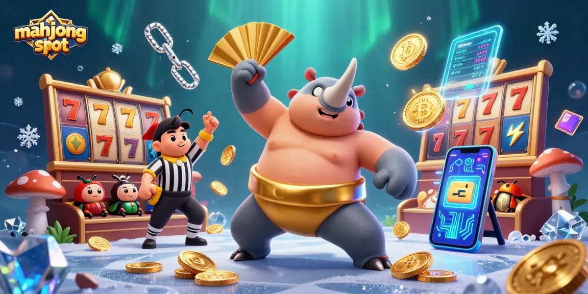 Engage with mahjong slot excitement featuring a cartoon beetle champion and vibrant casino elements