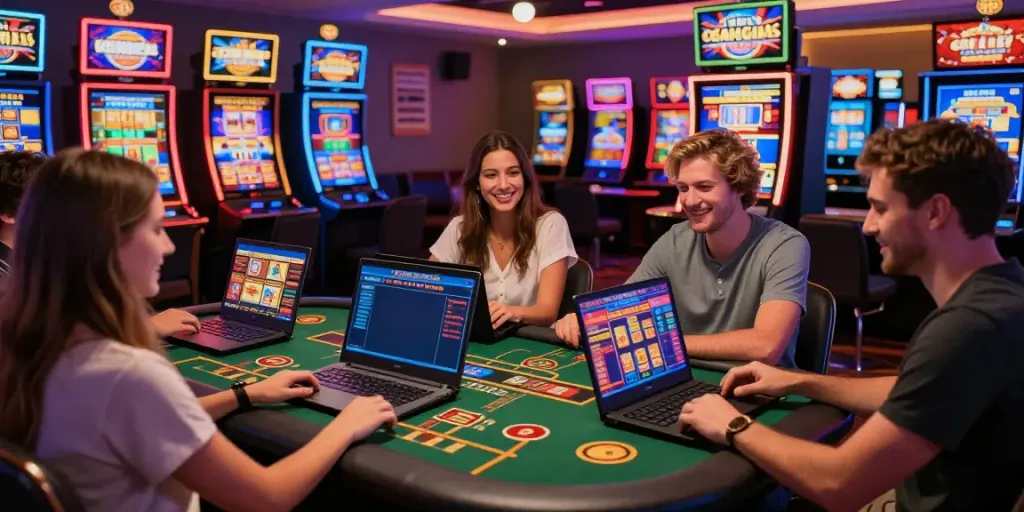 Friends enjoying games at non GamStop casinos online with laptops and vibrant screens.