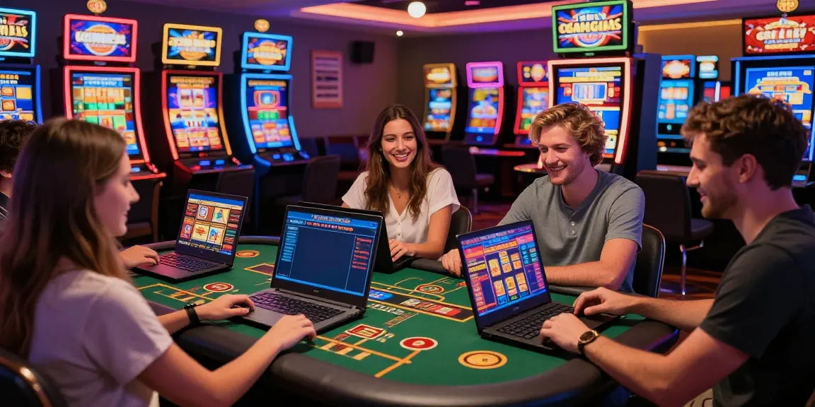 Friends enjoying games at non GamStop casinos online with laptops and vibrant screens.