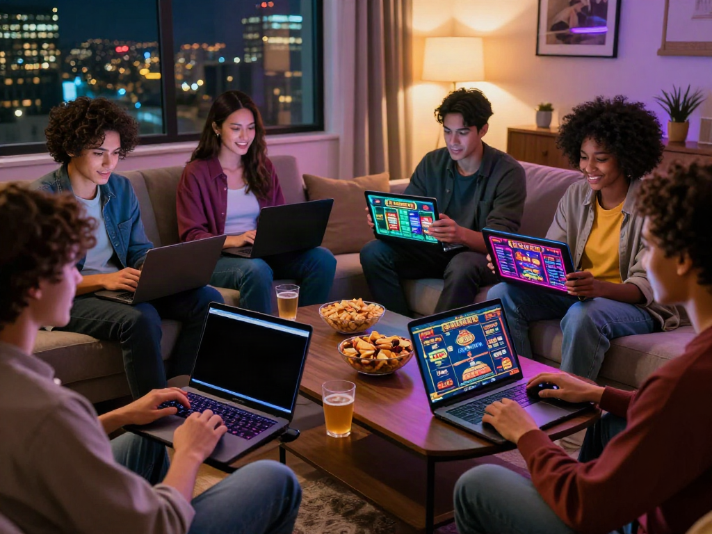 Engaging group enjoying casinos not on gamstop in a lively living room with laptop and tablet games.