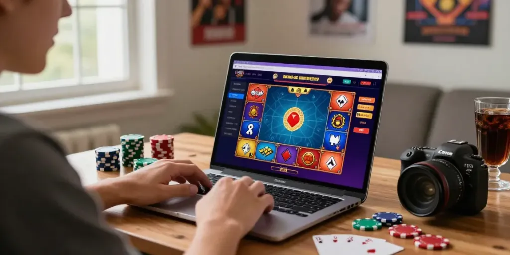 Engaging scene of a user at casinos not on gamstop playing online games with colorful graphics.