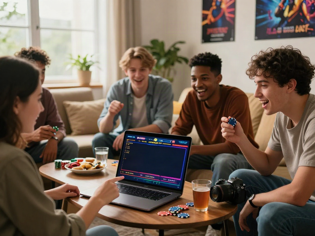 Friends exploring casinos not on GamStop in a cozy living room.