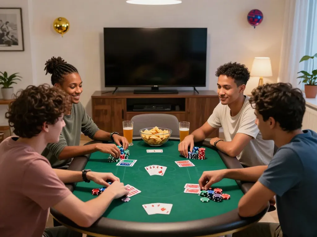 Friends having fun during a poker game at casinos not on gamstop.