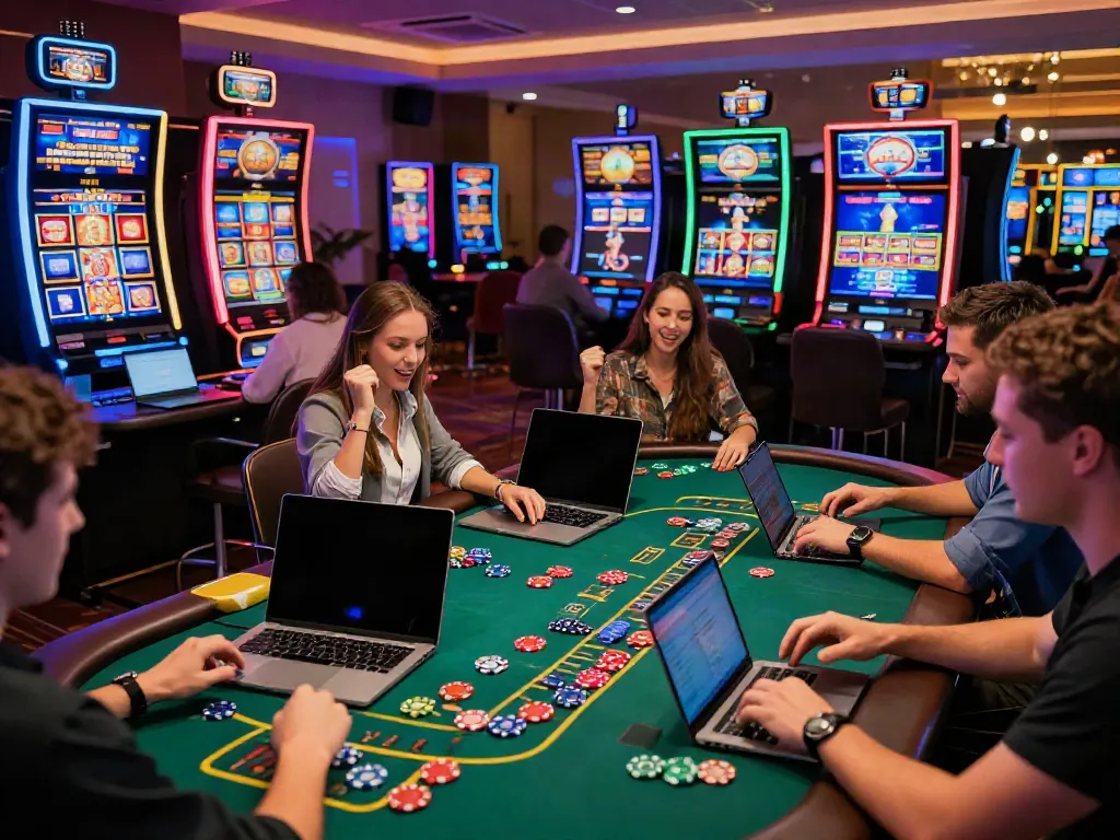 Engaging scene of players enjoying casinos not on gamstop with vibrant gaming interfaces and neon lights.