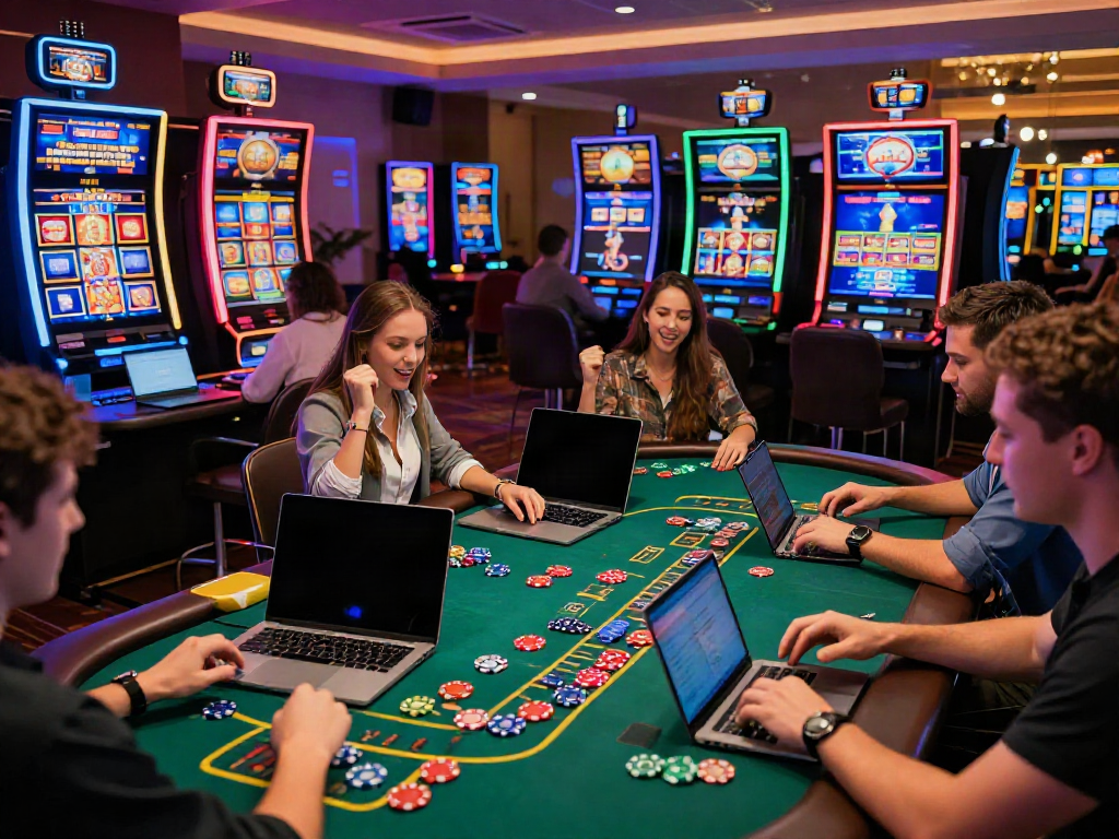 Engaging scene of players enjoying casinos not on gamstop with vibrant gaming interfaces and neon lights.