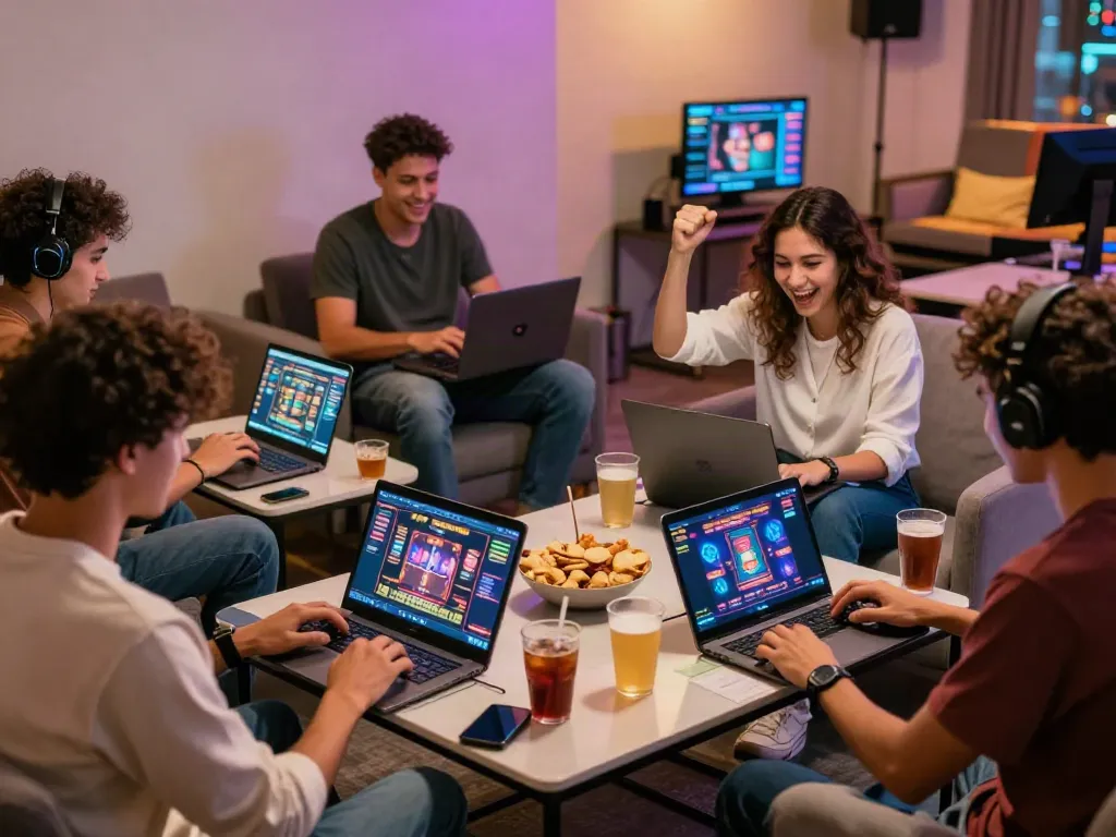Group of friends enjoying online games at home, casinos not on gamstop theme.
