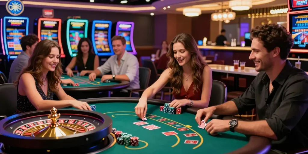 Casinos not on GamStop offering an exciting gaming atmosphere with players at roulette and poker tables.
