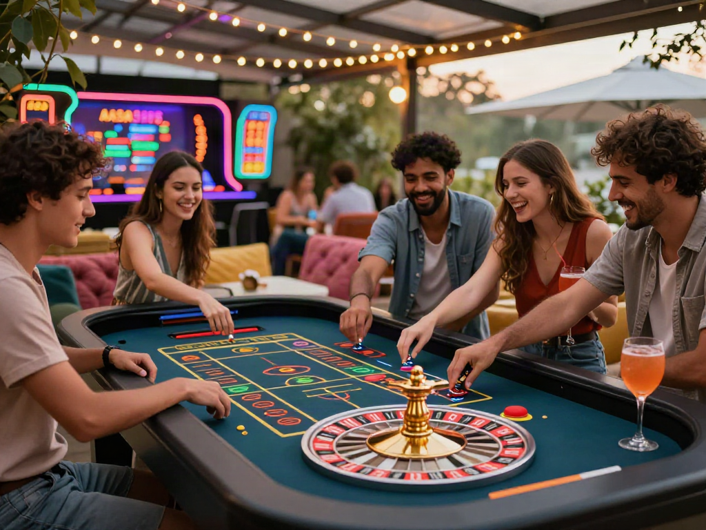 Gathering at casinos not on gamstop featuring a roulette game with friends enjoying cocktails.