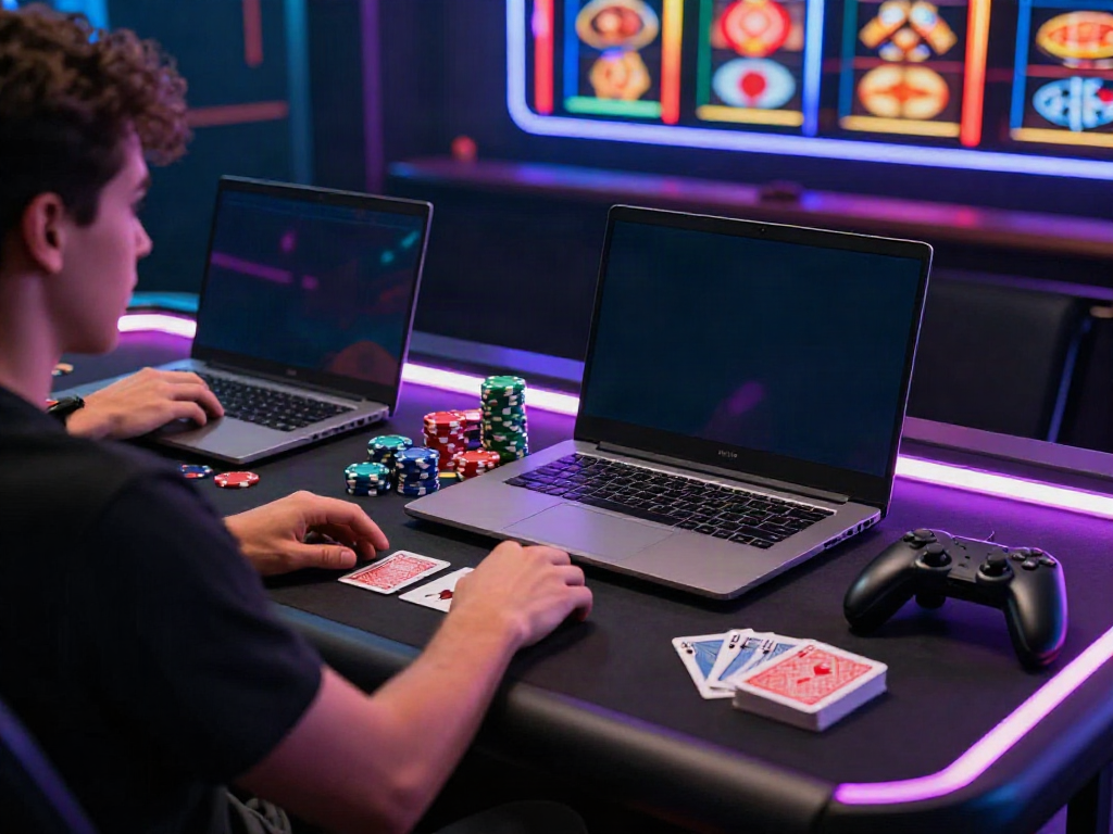 Enthusiast engaging with casinos not on gamstop at a stylish gaming desk.