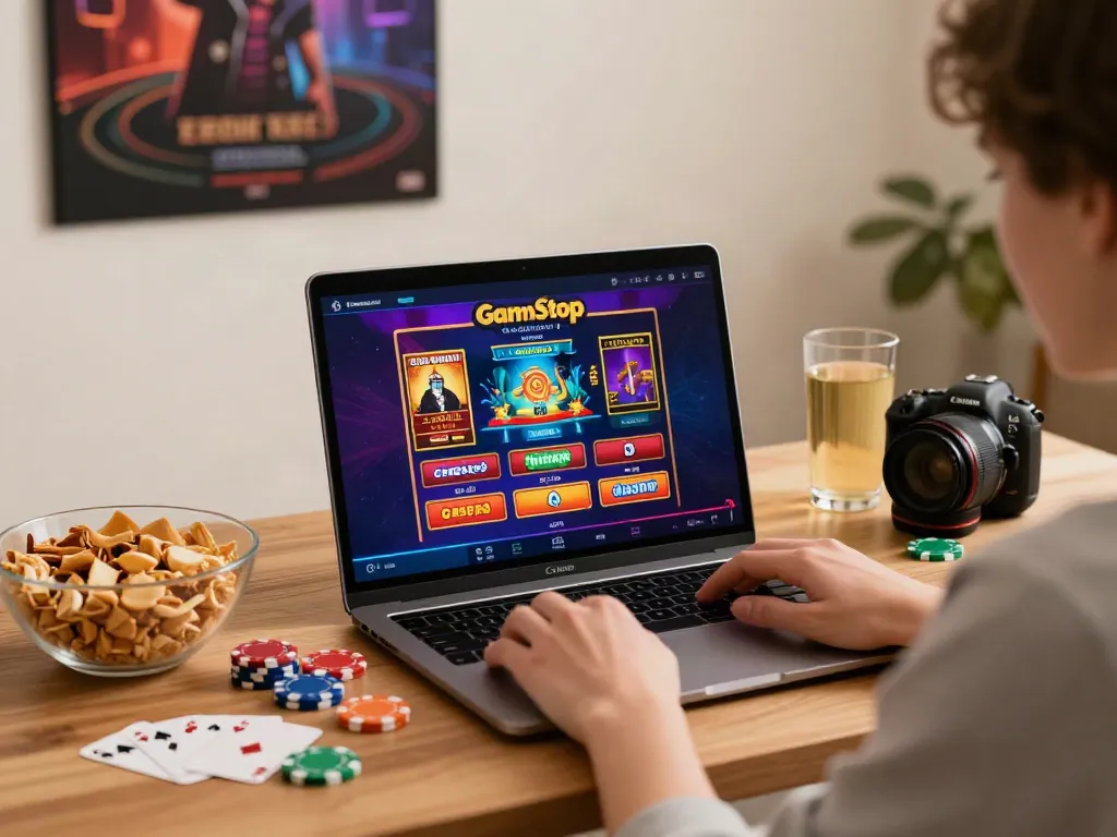 Engaging scene of a person exploring casinos not on GamStop on a laptop in a vibrant home office.