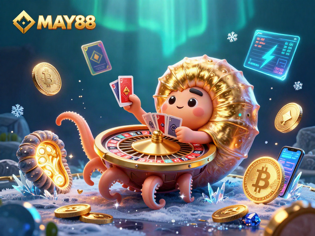 MAY88 invites players to experience high-stakes gambling with vivid 3D illustrations of casino elements and cryptocurrency.