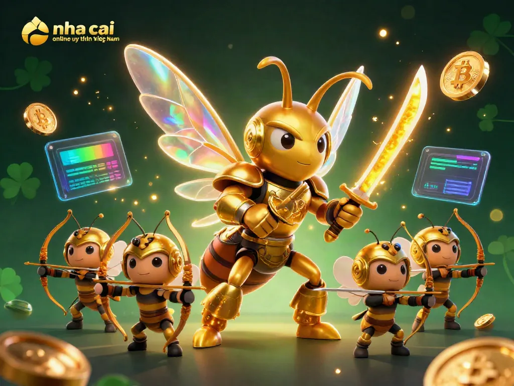 Engage with the vibrant scene of nha cai online uy tin Việt Nam, showcasing a golden hornet samurai and bee archers in a lively casino setting.