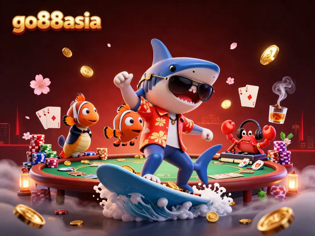 Experience thrilling gaming with go88asia featuring a shark and clownfish in an exciting casino scene.