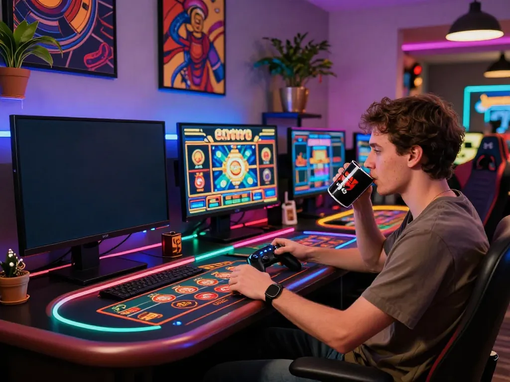 Exciting virtual gaming scene showing casinos not on gamstop, with a player engaged at a stylish gaming desk