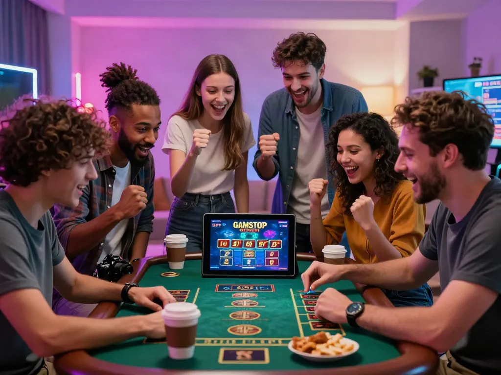 Friends enjoying online gaming at casinos not on gamstop in a cozy living room.