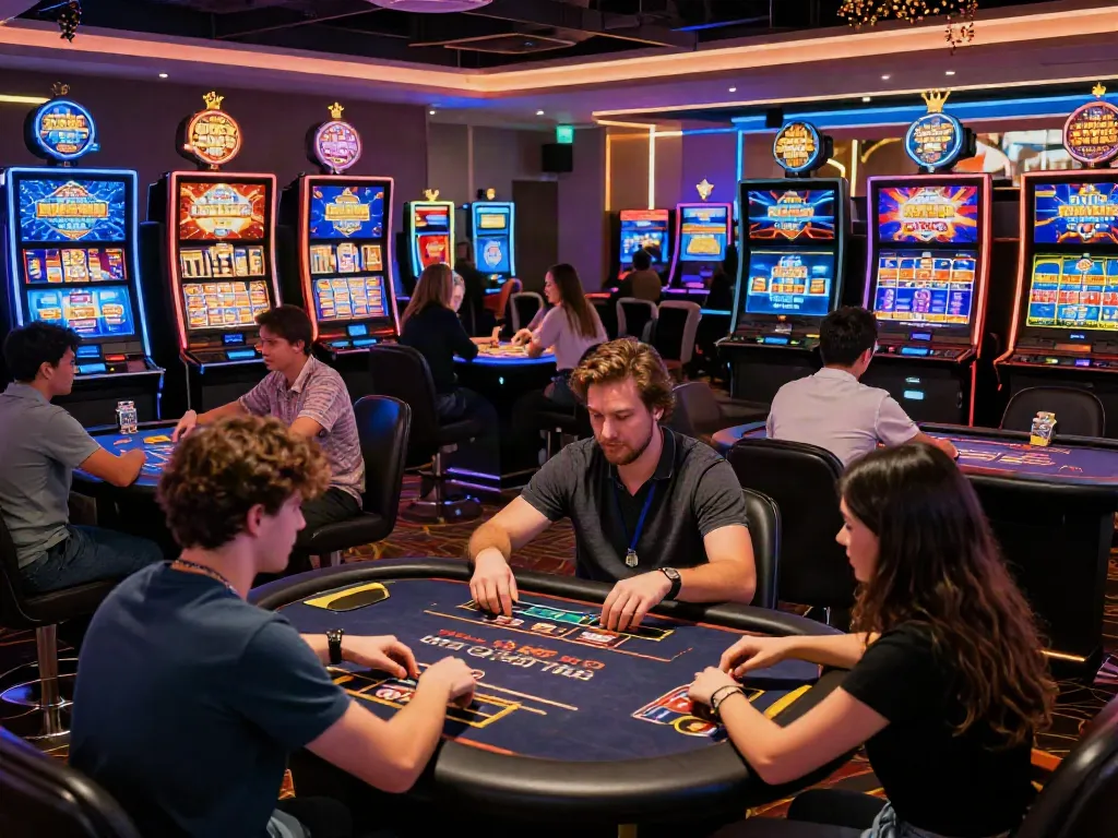 Players enjoying various games at a vibrant online casino not on GamStop in a lively atmosphere.