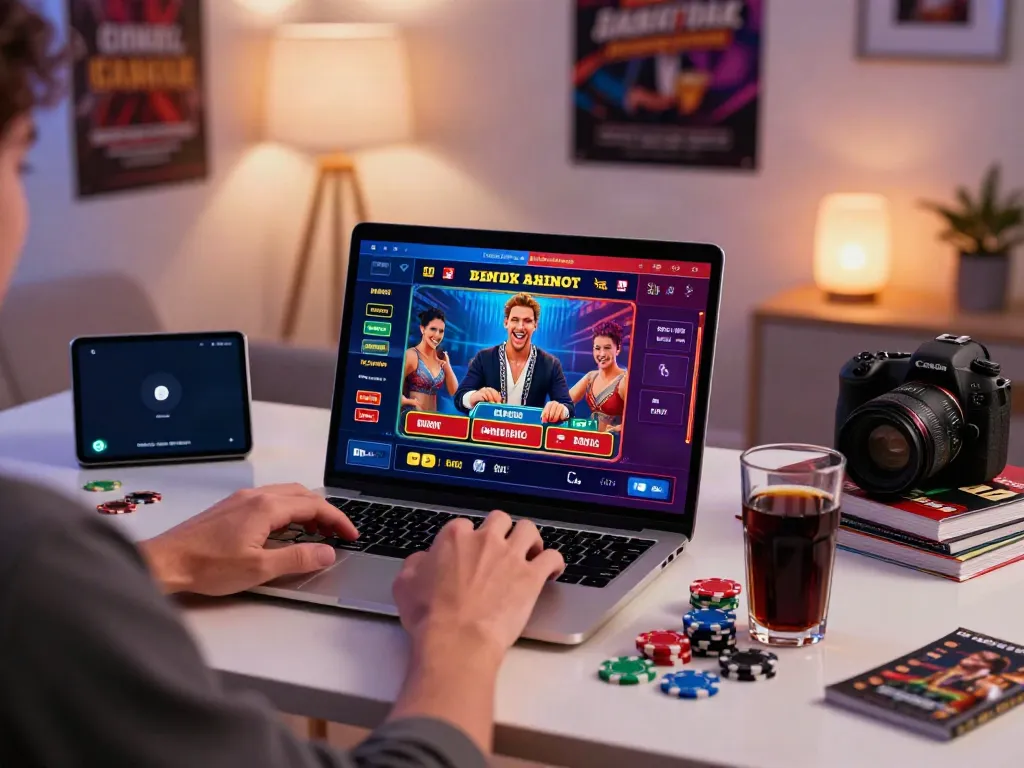 Engaging scene of casinos not on gamstop with a player enjoying colorful casino games on laptop at home