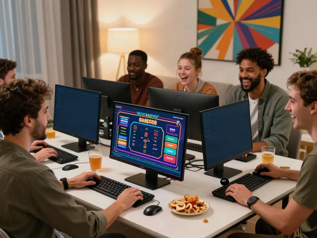 Friends enjoying an evening of online gaming at home, exploring casinos not on gamstop.