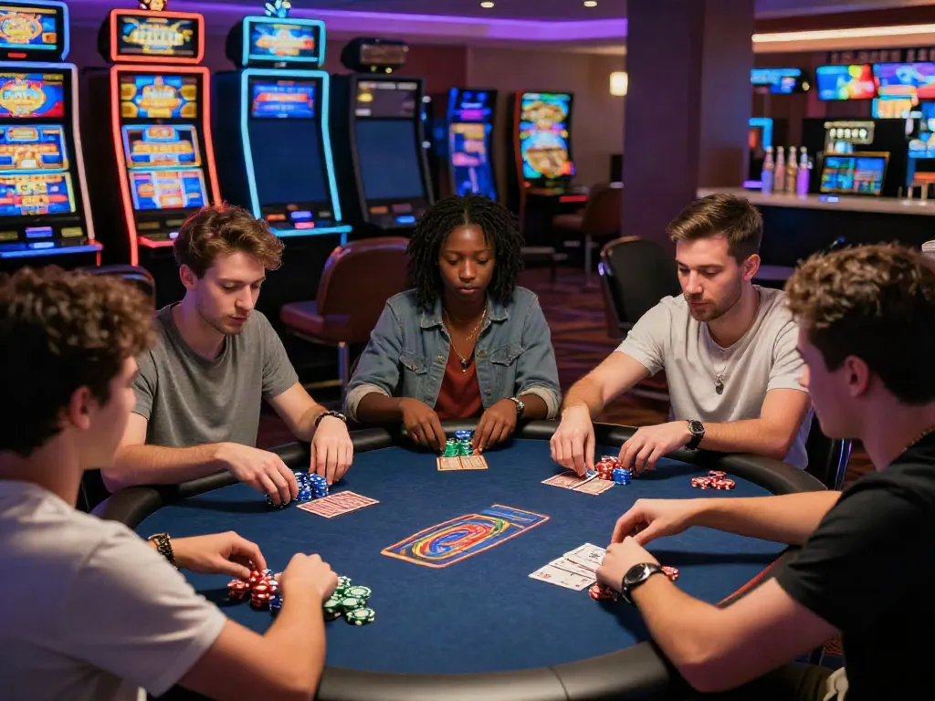 Friends enjoying casinos not on gamstop playing card games in a modern online casino setting.