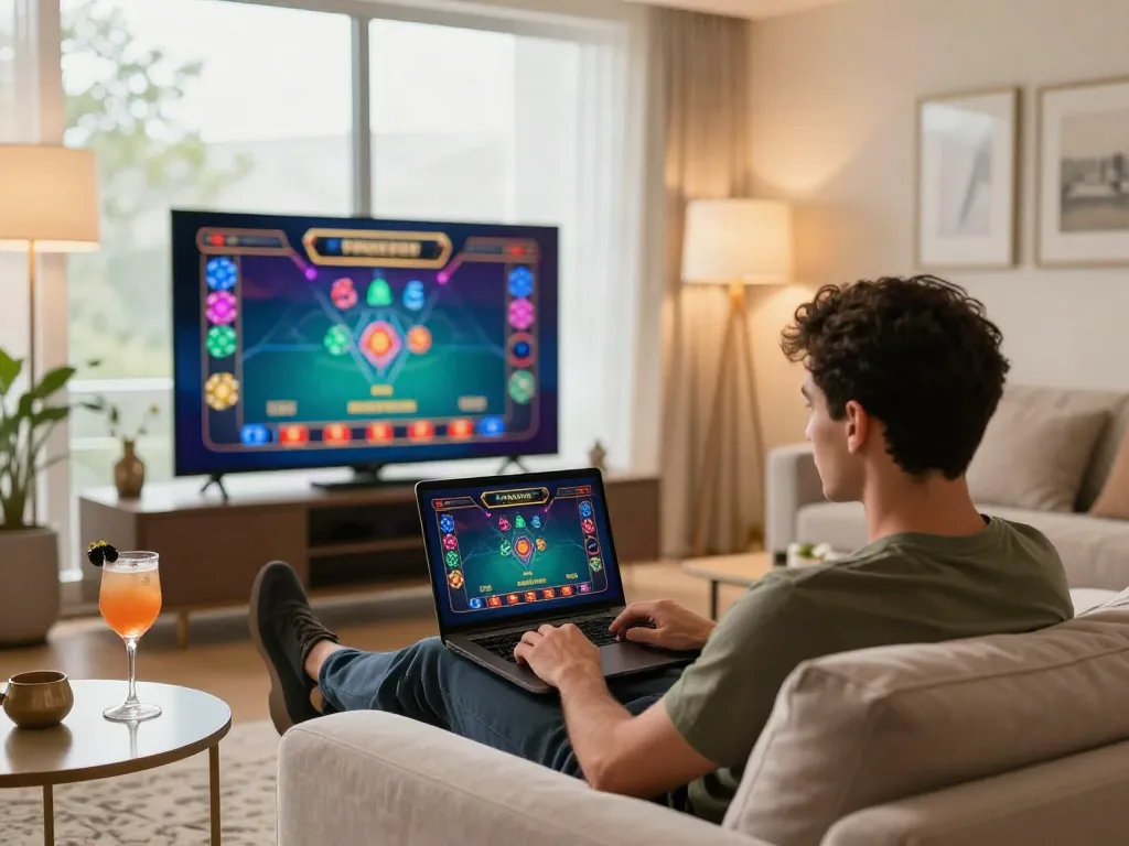 Player enjoying casinos not on gamstop while relaxing on a modern sofa with colorful gaming graphics in the background.