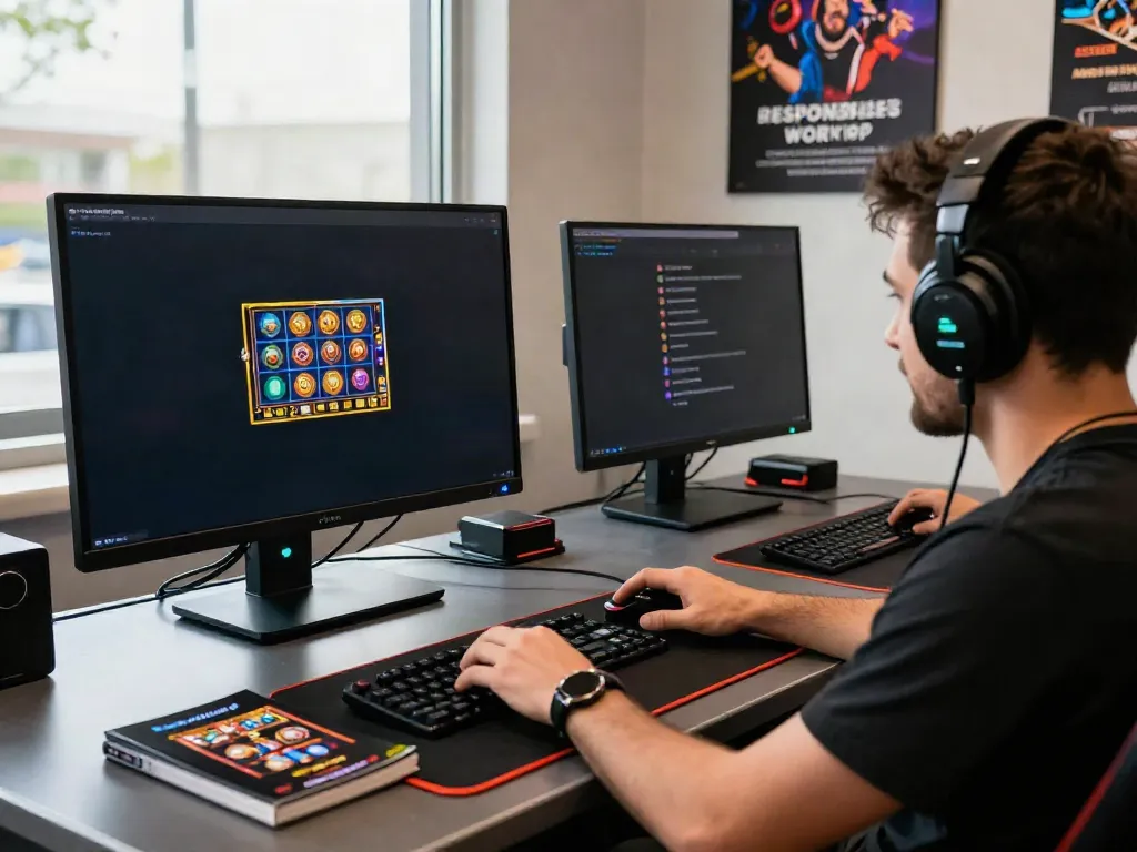 Exciting scene depicting casinos not on GamStop with a player engaged in gaming at a stylish desk.