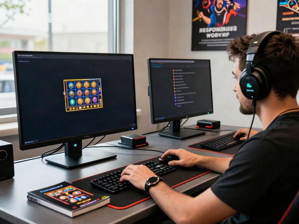 Exciting scene depicting casinos not on GamStop with a player engaged in gaming at a stylish desk.