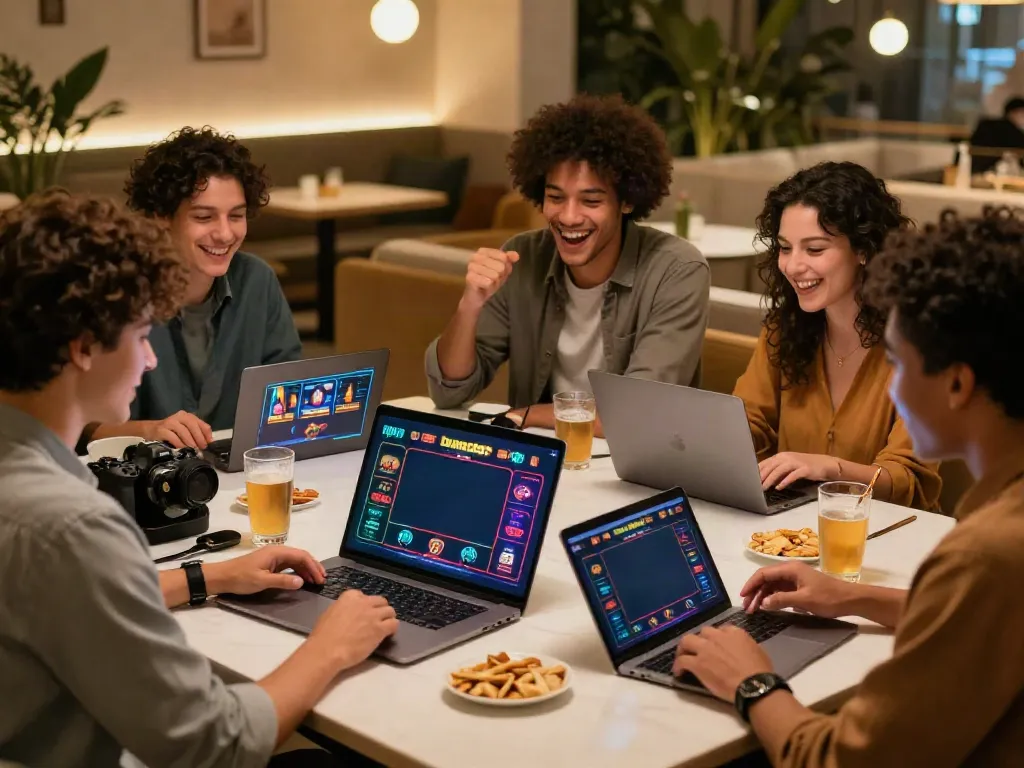 Friends enjoying games at casinos not on GamStop in a cozy lounge.