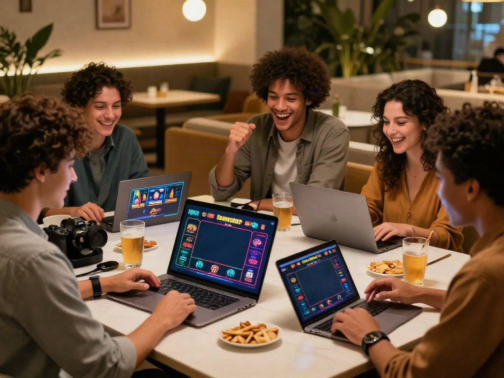 Friends enjoying games at casinos not on GamStop in a cozy lounge.