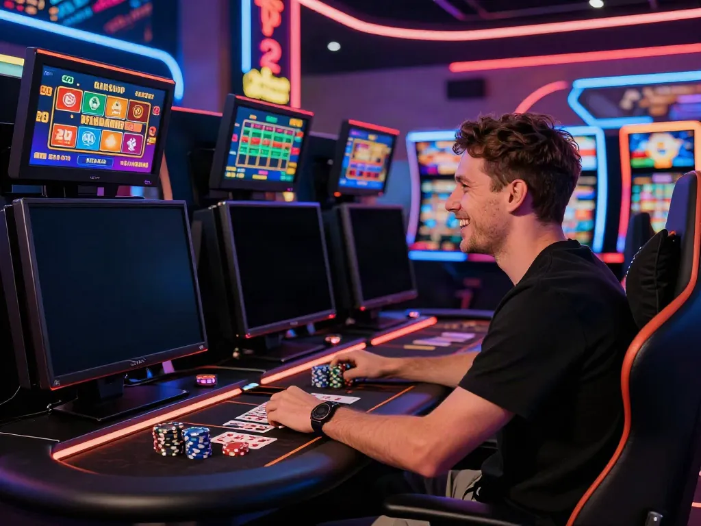 Engaging scene of casinos not on GamStop featuring a player at a gaming desk immersed in digital casino games.