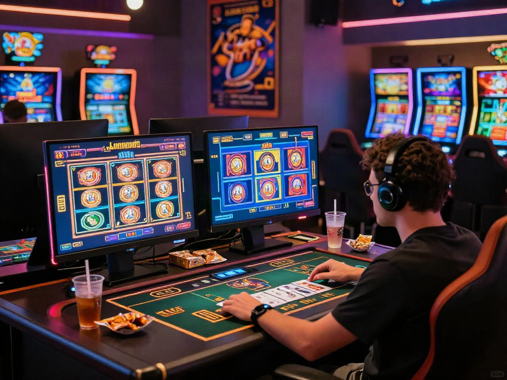 Engaging online gaming environment in casinos not on GamStop with vibrant graphics and snacks.