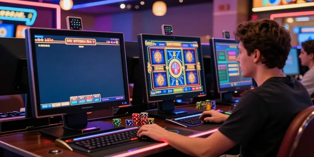 Player enjoying slots at a vibrant online casino not on gamstop, illuminated screens, and gaming decor.