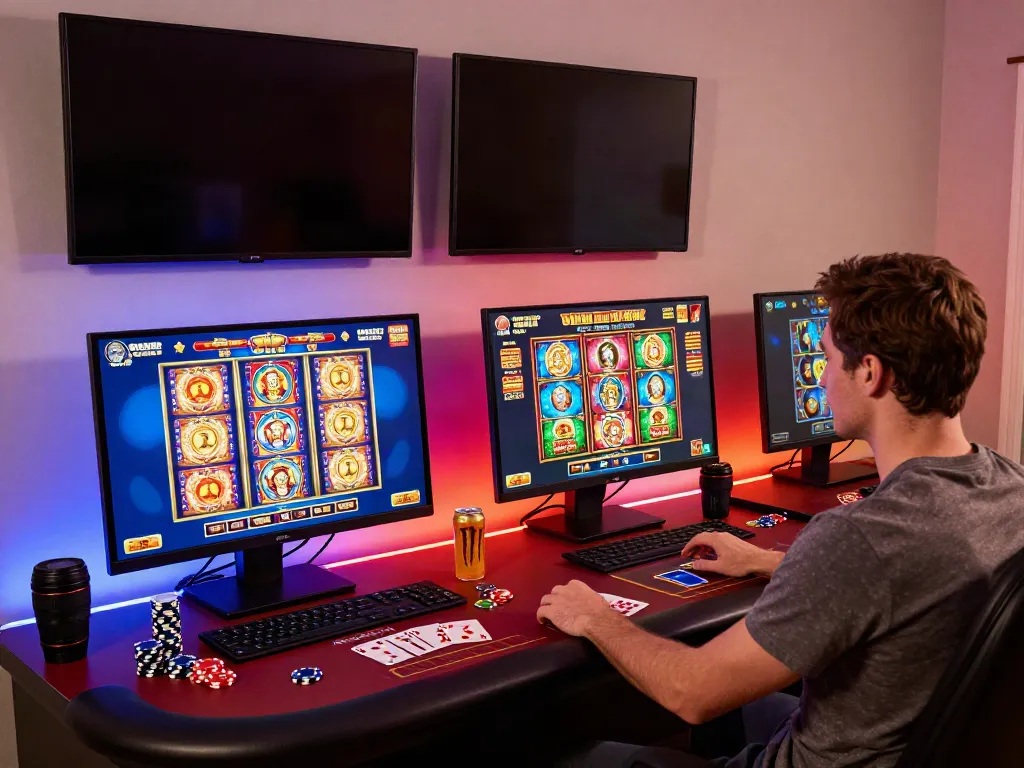 Engaging online gaming experience at casinos not on GamStop, featuring colorful game displays and gaming accessories.