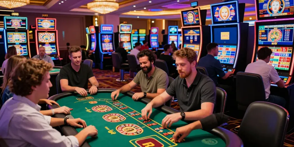 Players enjoying lively games at casinos not on GamStop, with colorful digital interfaces and vibrant atmosphere.