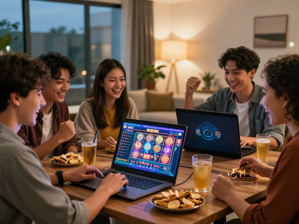 Friends enjoying a thrilling gaming session on casinos not on GamStop platform with vibrant atmosphere.