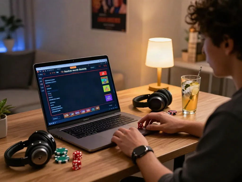 Relaxed gaming workspace showcasing casinos not on GamStop with a user engaging in online gambling.