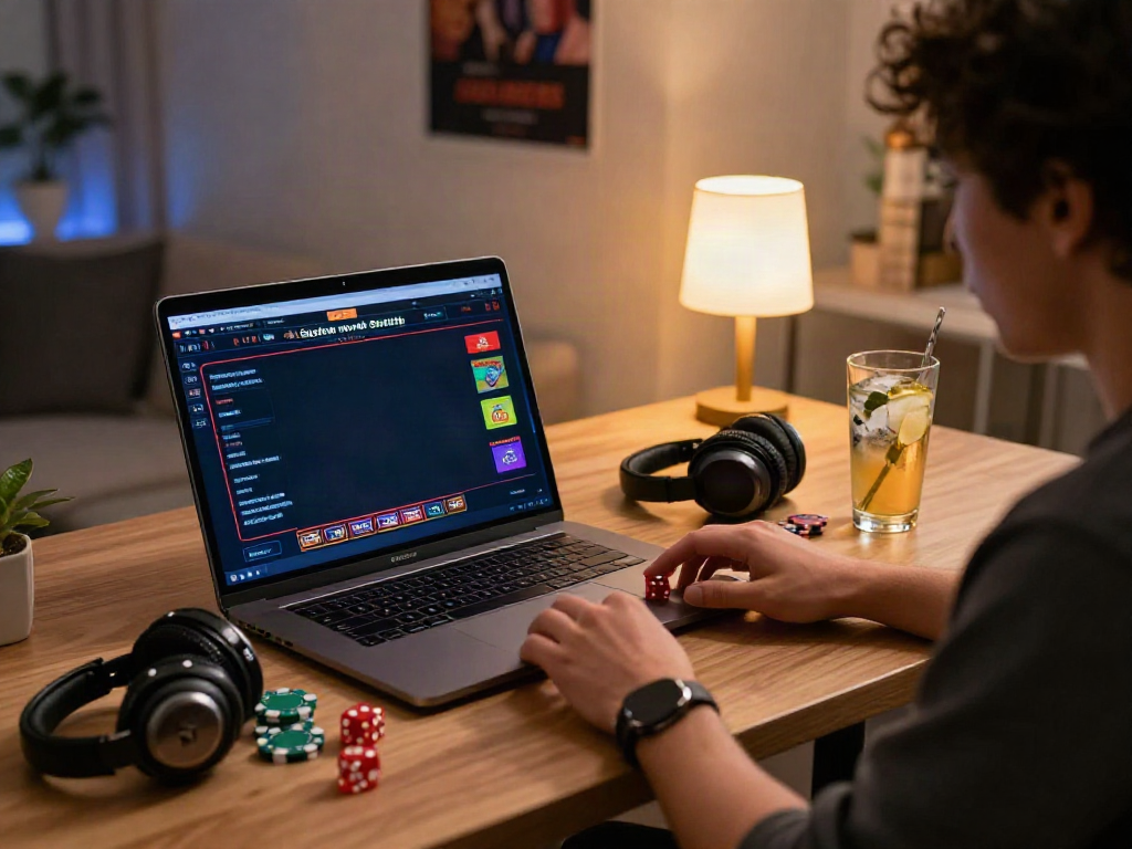 Relaxed gaming workspace showcasing casinos not on GamStop with a user engaging in online gambling.
