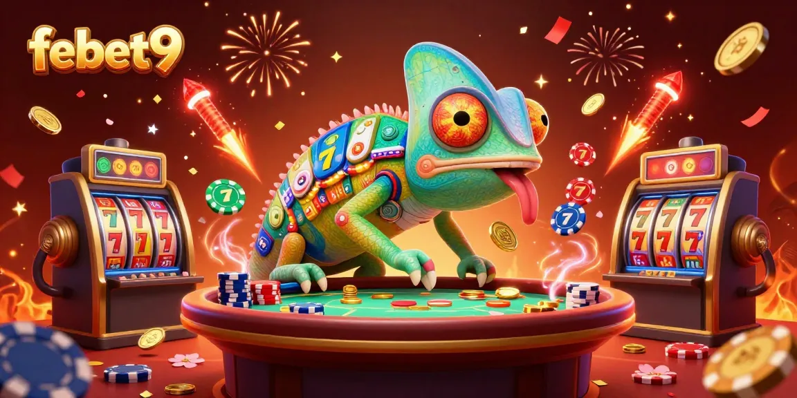 Watch the vibrant chameleon casino owner seize golden coins at febet9 surrounded by colorful slot reels.