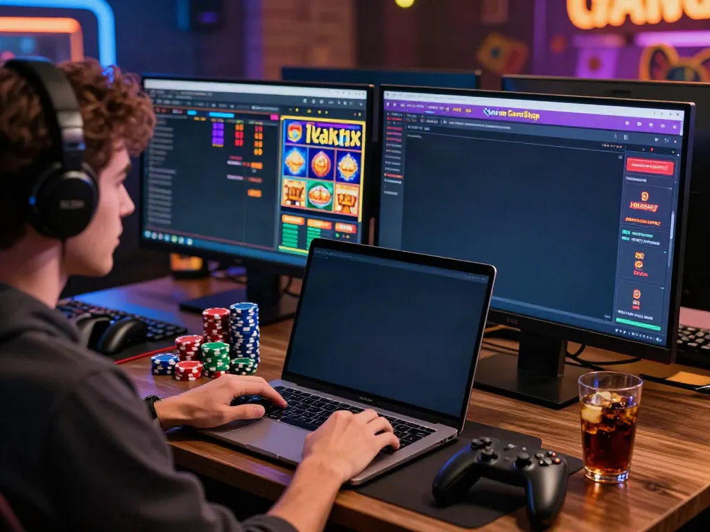 Engaged player exploring casinos not on GamStop at a vibrant online gaming setup.