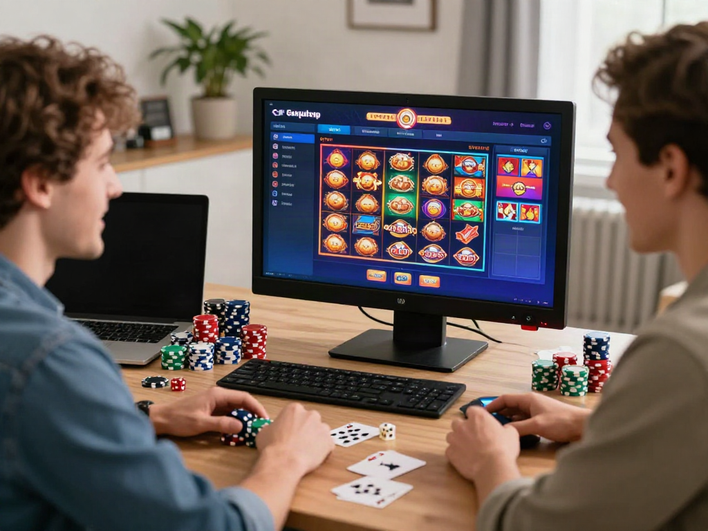 Exciting gaming experience showcasing casinos not on GamStop with a player at a colorful desktop setup.