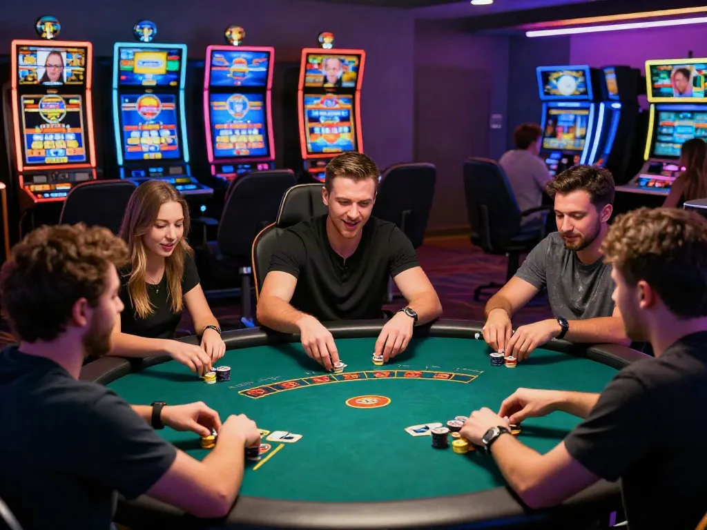 Players enjoying casinos not on GamStop at a virtual poker table with vibrant graphics.