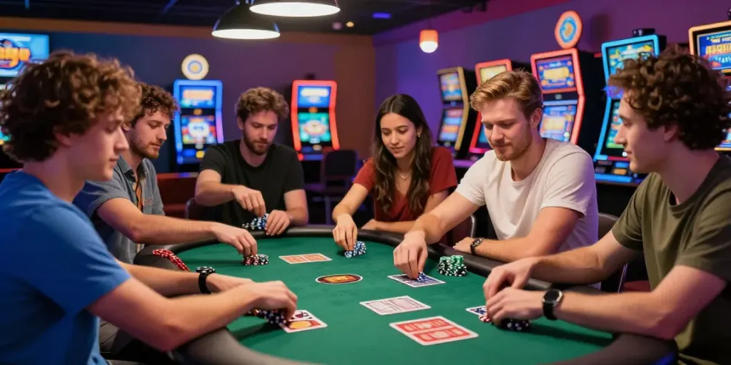 Friends enjoying games at casinos not on gamstop in a vibrant gaming lounge.