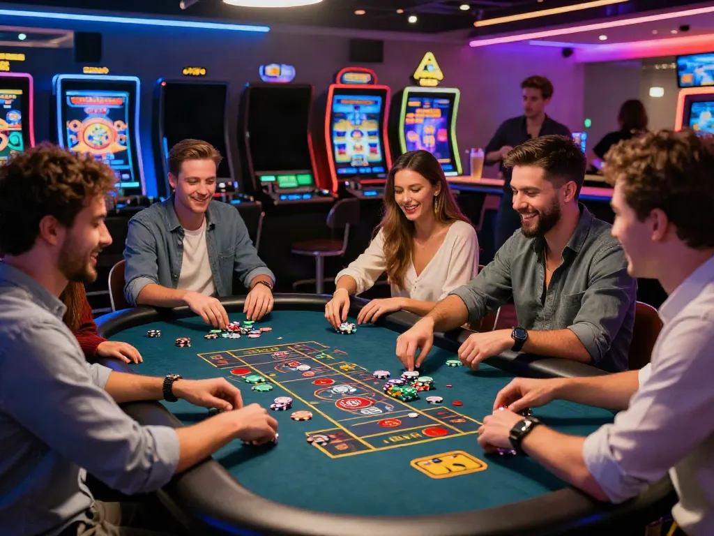 Exciting scene of players at casinos not on GamStop, enjoying games and entertainment in a vibrant atmosphere.