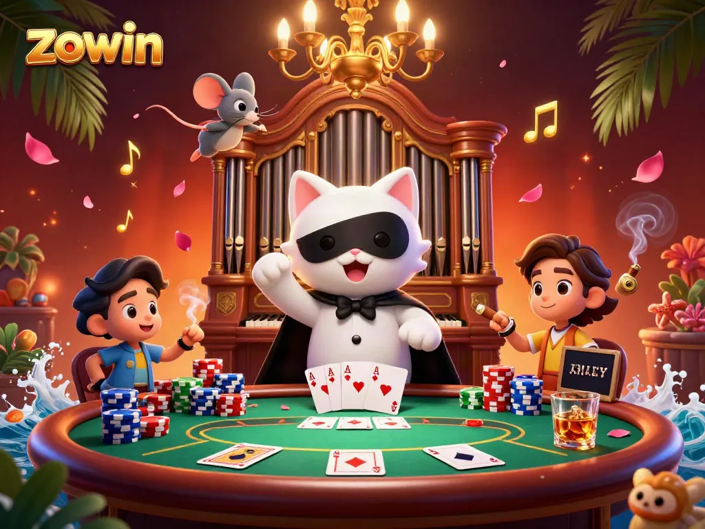 Zowin showcases a vibrant casino scene featuring a masked cat at an organ with poker elements.