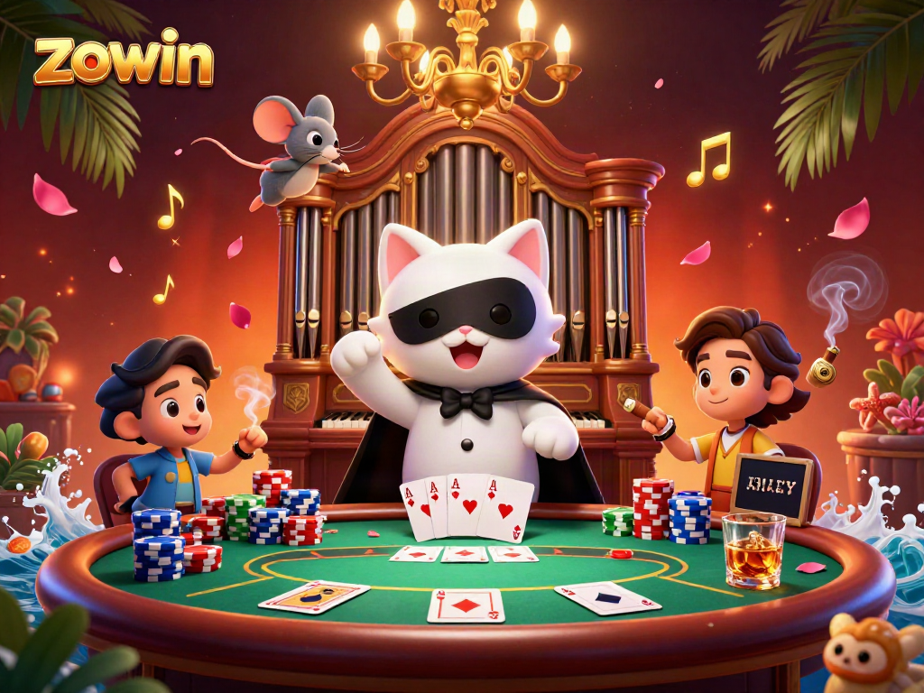 Zowin showcases a vibrant casino scene featuring a masked cat at an organ with poker elements.