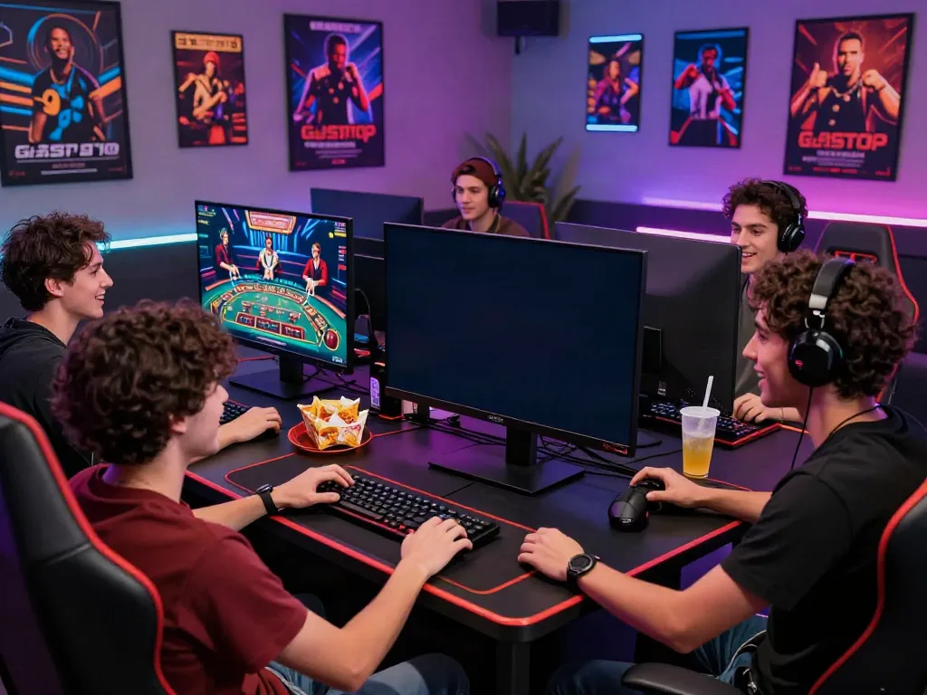 Gathering of friends enjoying online casinos not on GamStop in a vibrant gaming room.