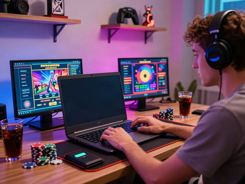 Casinos not on GamStop gaming setup with person enjoying online gambling experience.