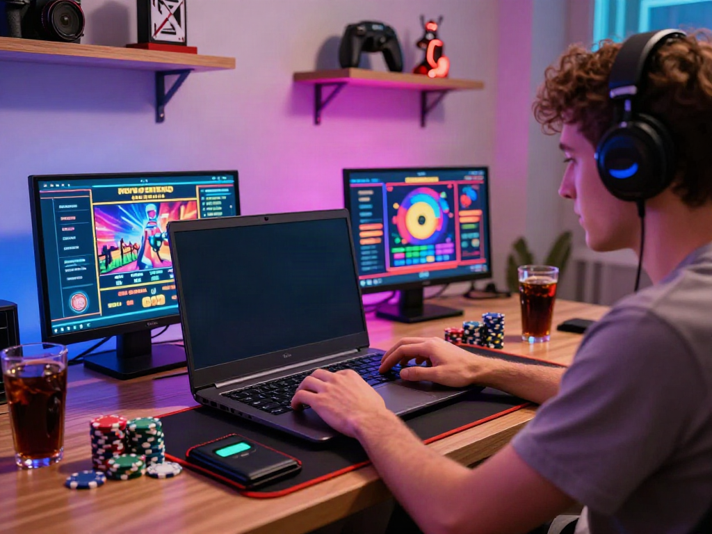 Casinos not on GamStop gaming setup with person enjoying online gambling experience.